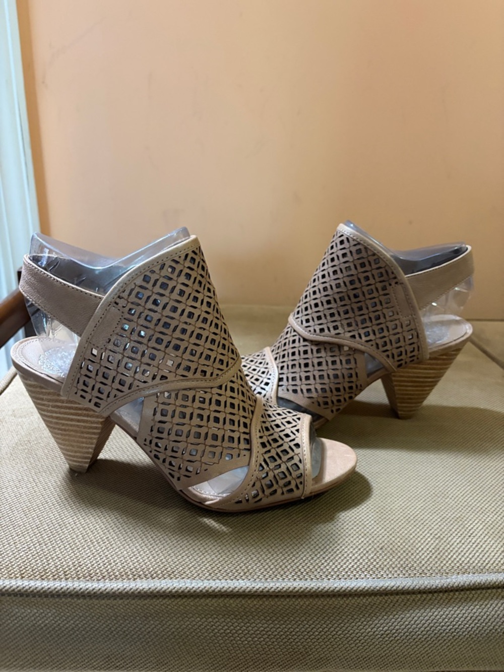 Vince Camuto Tan Laser-Cut Peep Toe Booties - Picture 3 of 9